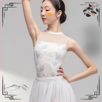 Безръкав балетен боди с принт за възрастни жени – едночастово танцово облекло за тренировка, полиестер, подплата от млечна коприна