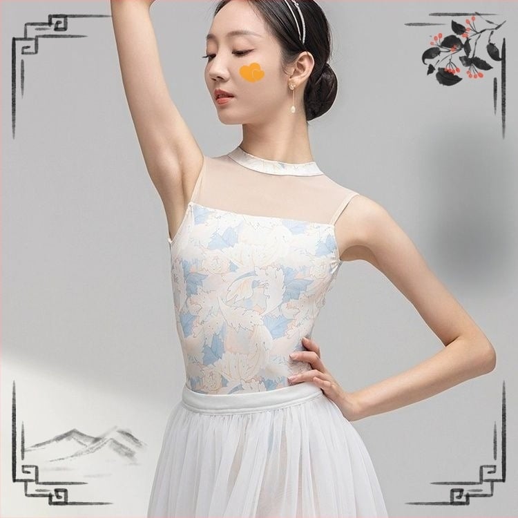 Безръкав балетен боди с принт за възрастни жени – едночастово танцово облекло за тренировка, полиестер, подплата от млечна коприна