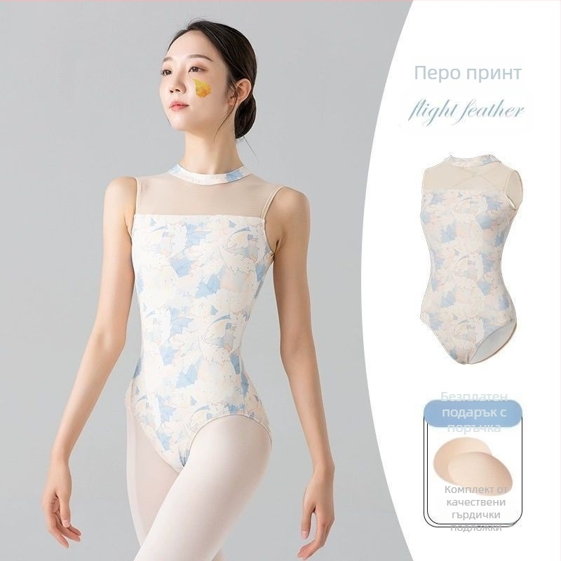 Безръкав балетен боди с принт за възрастни жени – едночастово танцово облекло за тренировка, полиестер, подплата от млечна коприна