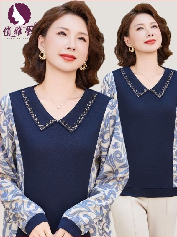 Женска блуза с лацкан, флорална пачворк шарка, дълги ръкави, полиестерно влакно, стандартна дължина