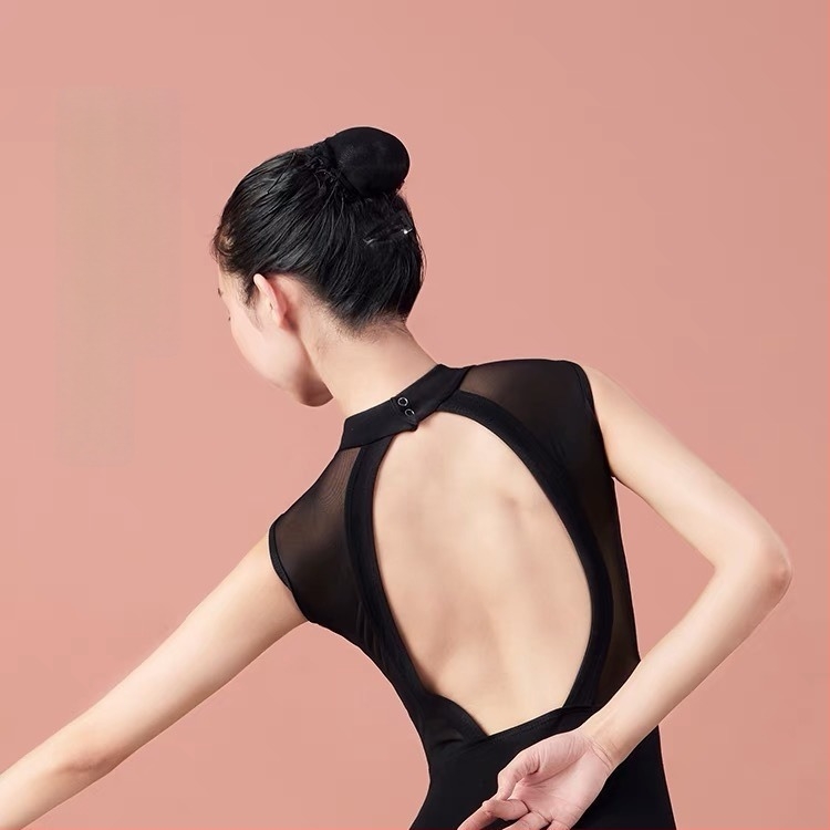 Боди за танци за жени – кръстосан гръб, без ръкави, открит гръб, висок стойков врат, памук 70% с подплата 70%