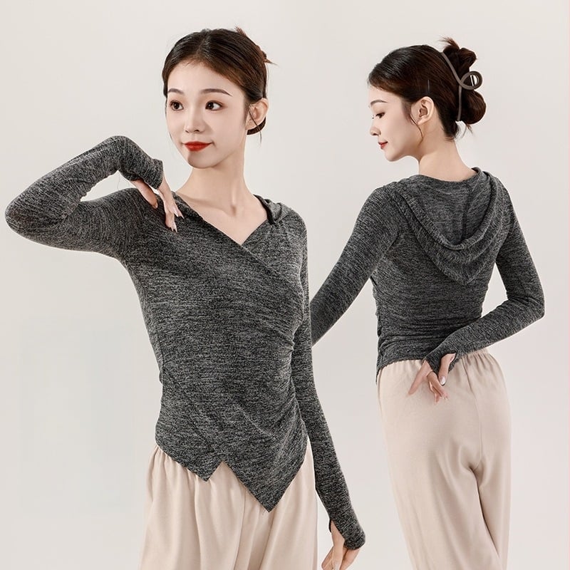 Дамско танцово облекло: плетено горнище с качулка и V-образно деколте, дълги ръкави, тясно прилепнало, трикотажен плат, полиестер 95%