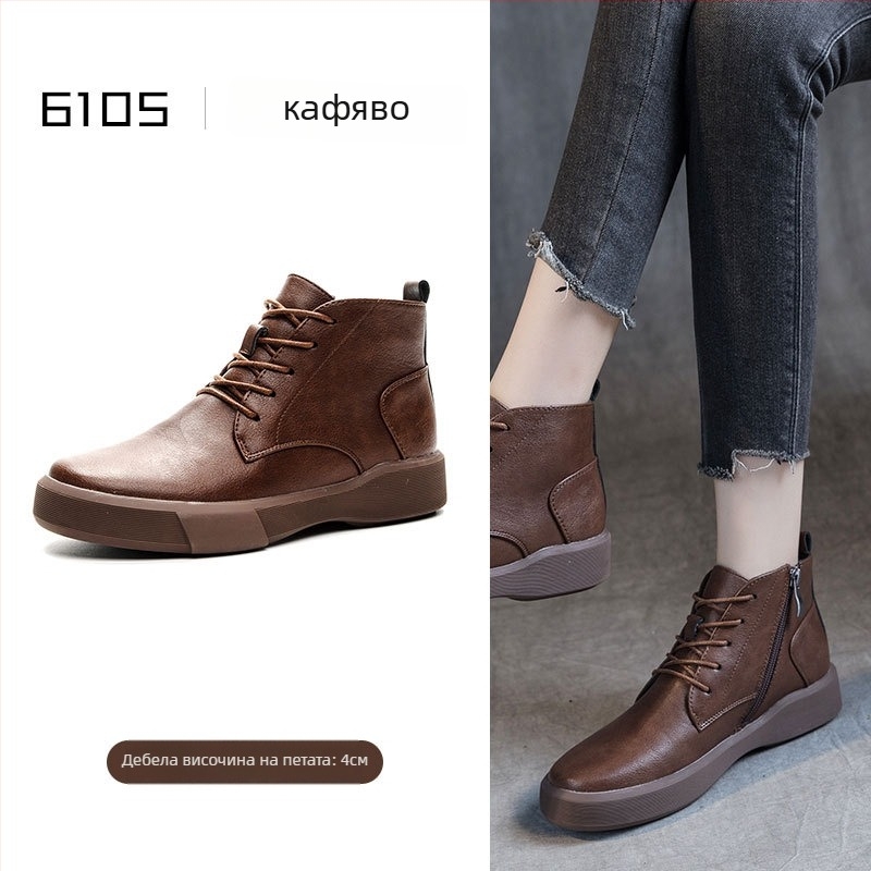 Женски ботуши Martin от естествена кожа, нисък крачол, закръглен нос, дебел ток 3–5 cm, предно връзване