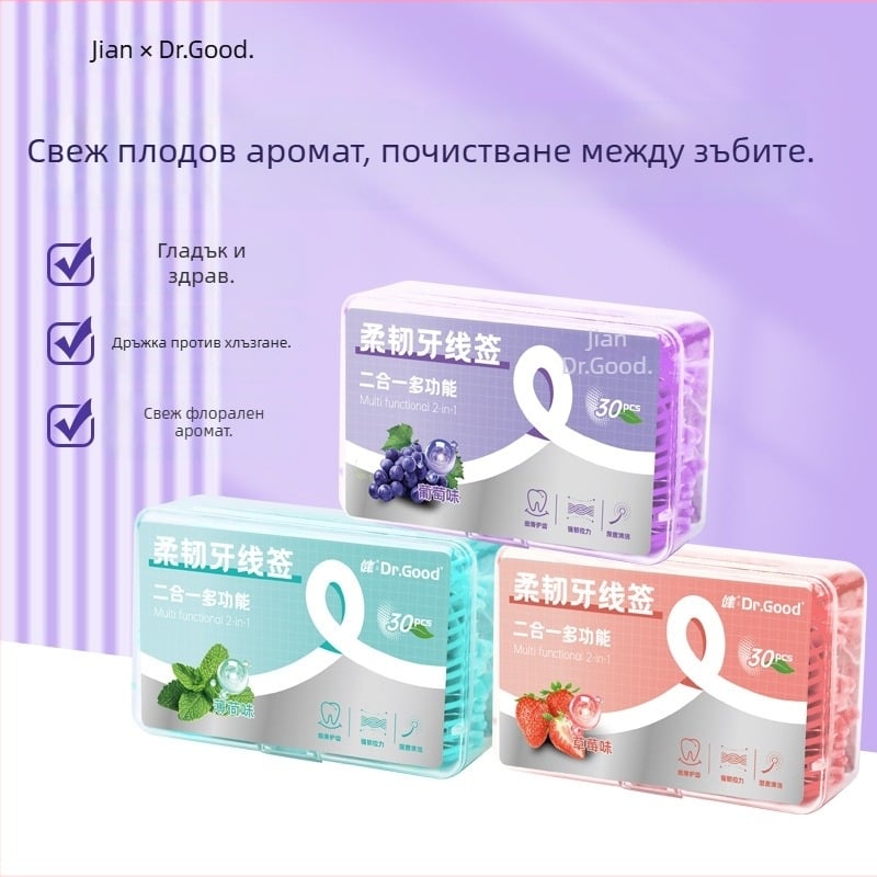 Флос за зъби Jian — плодово-ароматизиран, пластмасов, за еднократно ползване, опаковка 30–50 броя