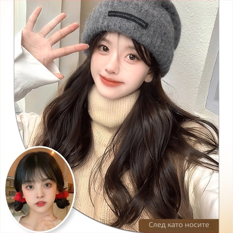 Комплект шапка и перука за дами, дълга къдрава перука, модел MZ-20-59, материал: високотемпературна тел, стил: корейски