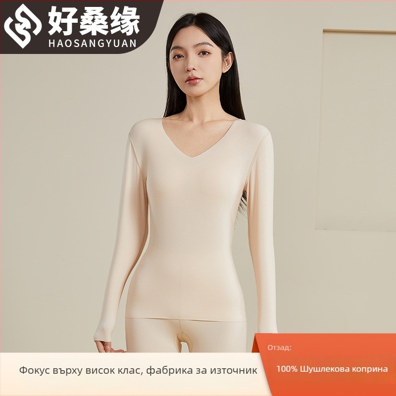 Женска безшевна термална база риза от мулберри коприна, V-образно деколте, дълъг ръкав, тънък плат 101–120 g/m², 100% коприна