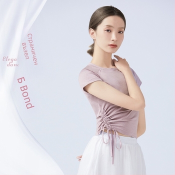 Летен женски топ за танци, къс ръкав, кръгло деколте, връзка за стягане, балет, латински и модерни танци, полиестерна материя