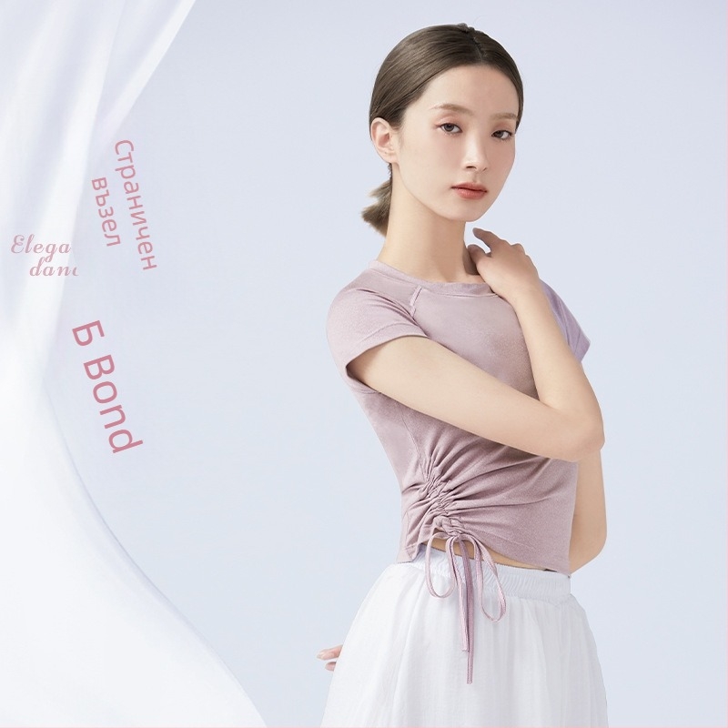 Летен женски топ за танци, къс ръкав, кръгло деколте, връзка за стягане, балет, латински и модерни танци, полиестерна материя