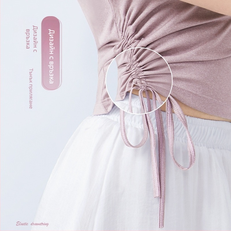 Летен женски топ за танци, къс ръкав, кръгло деколте, връзка за стягане, балет, латински и модерни танци, полиестерна материя