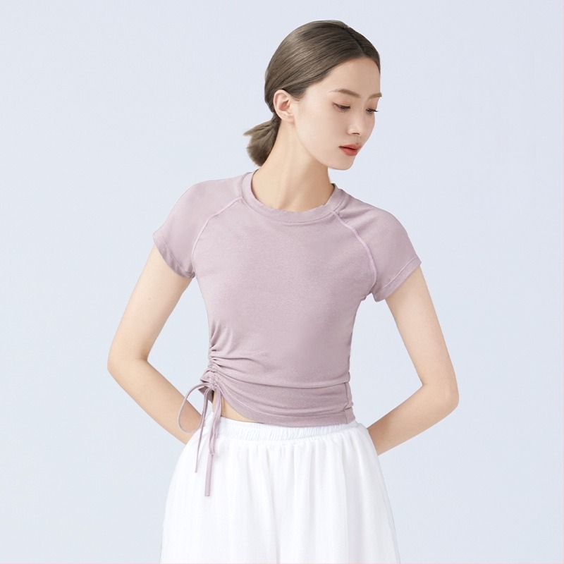 Летен женски топ за танци, къс ръкав, кръгло деколте, връзка за стягане, балет, латински и модерни танци, полиестерна материя