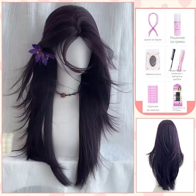 Дълга права перука с диагонални чёлки, естествен стил, термоустойчива синтетична влакна, за дами