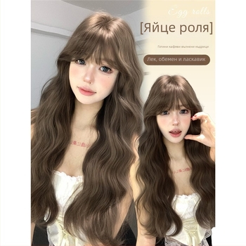 Shu Man Wig – Дълга къдрава перука с права чела, текстура водна вълна, яйцевидна къдрица, пълен комплект за глава, високотемпературна коприна, не може да се боядисва или пермва, естествен стил