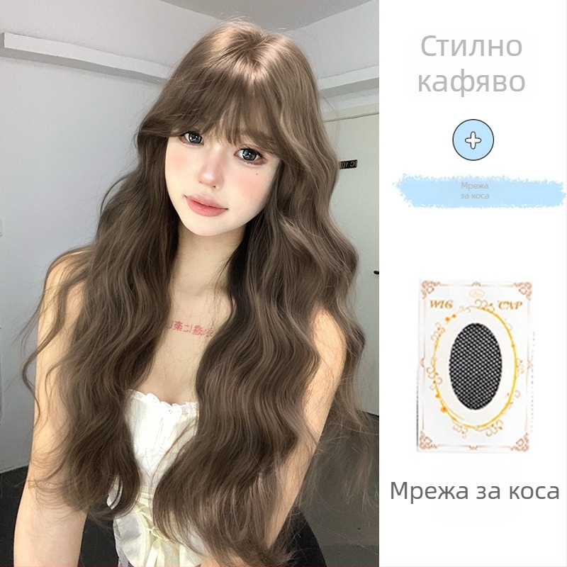 Shu Man Wig – Дълга къдрава перука с права чела, текстура водна вълна, яйцевидна къдрица, пълен комплект за глава, високотемпературна коприна, не може да се боядисва или пермва, естествен стил