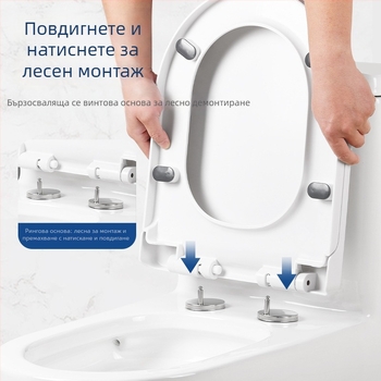 Капак за тоалетна седалка, удебелен, устойчив на счупване, плавно затваряне, дизайн в U- и V-образна форма, материал PP, регулируемо разстояние между шарнири 13–17 мм.