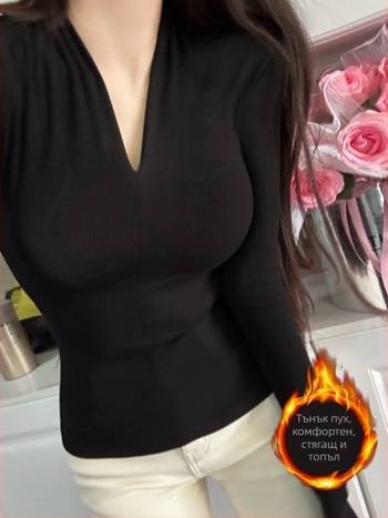 Тениска с дълъг ръкав, V-образно деколте, Slim fit, вискоза с еластан, мъхест финиш