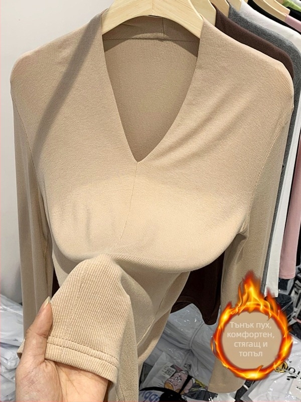 Тениска с дълъг ръкав, V-образно деколте, Slim fit, вискоза с еластан, мъхест финиш