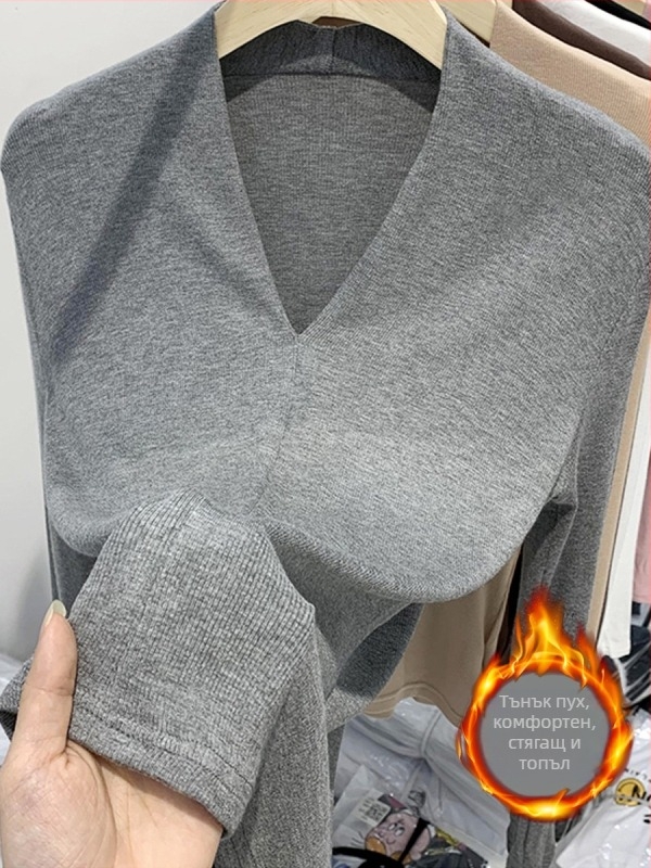 Тениска с дълъг ръкав, V-образно деколте, Slim fit, вискоза с еластан, мъхест финиш