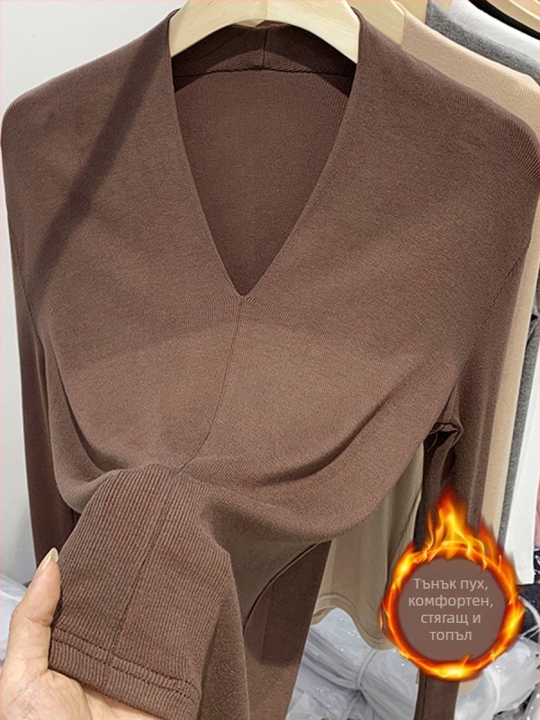 Тениска с дълъг ръкав, V-образно деколте, Slim fit, вискоза с еластан, мъхест финиш