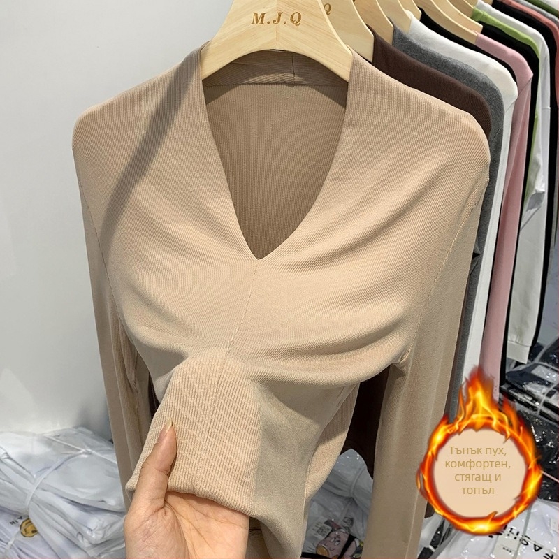 Тениска с дълъг ръкав, V-образно деколте, Slim fit, вискоза с еластан, мъхест финиш