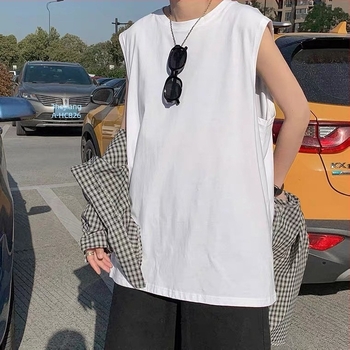 Безръкав памучен спортен топ, 220 г, 100% памук, свободен силует, джоб с триизмерен патч, прав край, тънък материал, за спорт, пролет 2025, за тийнейджъри