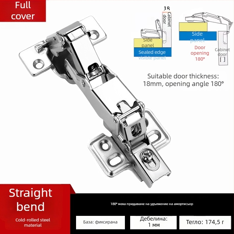 180° демпферираща панта за шкаф – голям ъгъл, сгъваема ъглова врата, студено валцована стомана, електроплатиран финиш