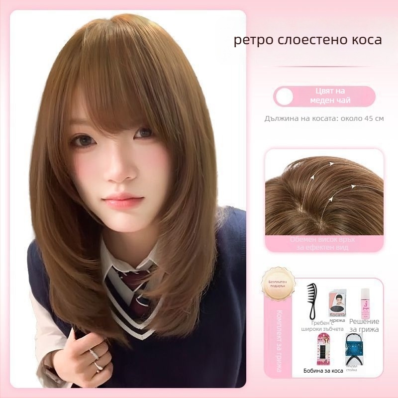 Перука с дълга права коса и наклонени чубки, естествен стил, модел X-129, механично производство, коса от високотемпературна коприна