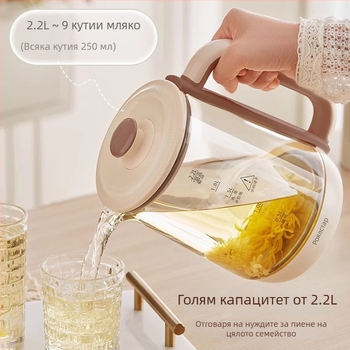 Royalstar Health Pot: обем 1.5–2 л; боросиликатно стъкло на корпуса и вътрешен резервоар; 220 V, 500–1000 W; тъч контрол с дигитален термостат и интелигентно регулиране на температурата; автоматично изключване.