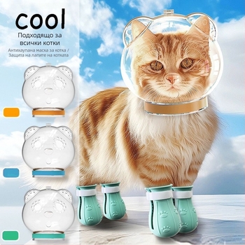 Котешки прозрачен защитен шлем за глава — против ухапвания, драскотини и сбивания; подходящ за къпане и подстригване; материал: пластмаса; марка Cute and Fun