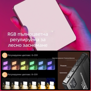 Портативна RGB LED светлина за мобилна фотография – селфи и лайв стрийминг, 6.5W, 3.7V, 2700–6500K, регулируема яркост, с включено независимо захранване