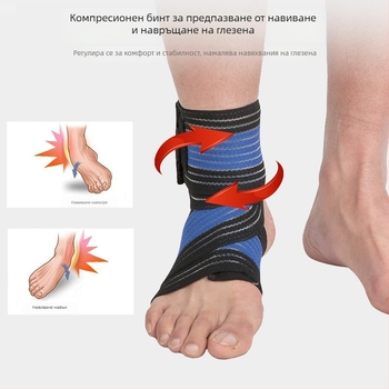 Защита за глезена – Strong; материали: найлон, гума, полиестер; подходящи спортове: всички спортове; защитени части: глезен