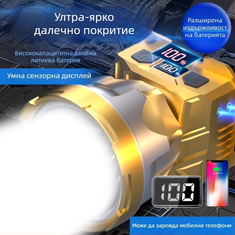 Челна лампа с голям лъч, 5W, 2400mAh, 360° въртене, ръчно захранване, включено зарядно, за нощен риболов и къмпинг