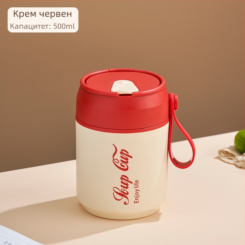 Неръждаема стомана Чаша за закуска със капак и лъжичка, двуслойна изолация, кръгла преносима купа за каша