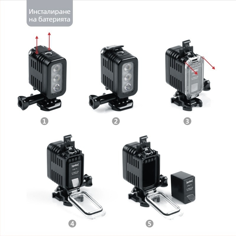 Портативна LED подводна светлина за екшън камери — USB захранване, презареждаема, регулируема яркост