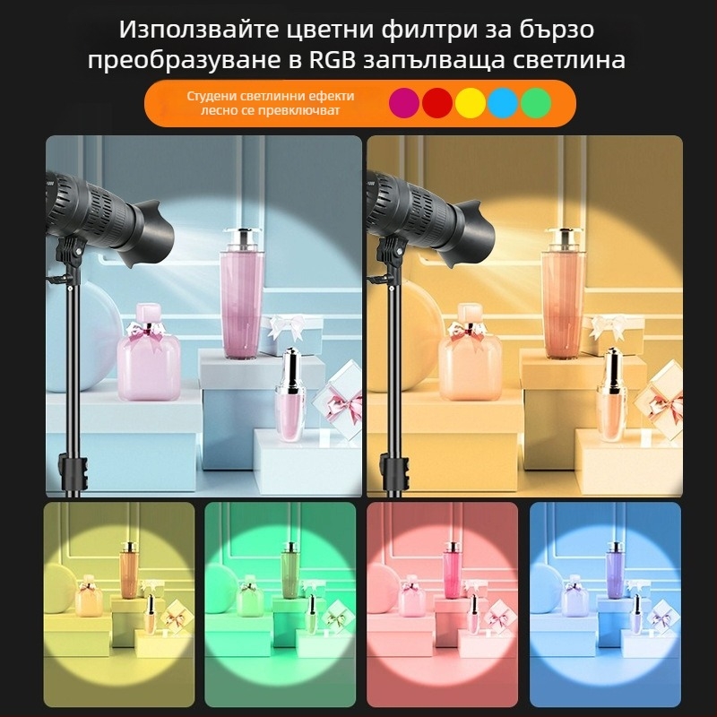 Професионална LED светлина за фотография за лайв стрийминг, трицветна променлива светлина, 3200K–6500K, регулируема яркост, обхват до 3 м