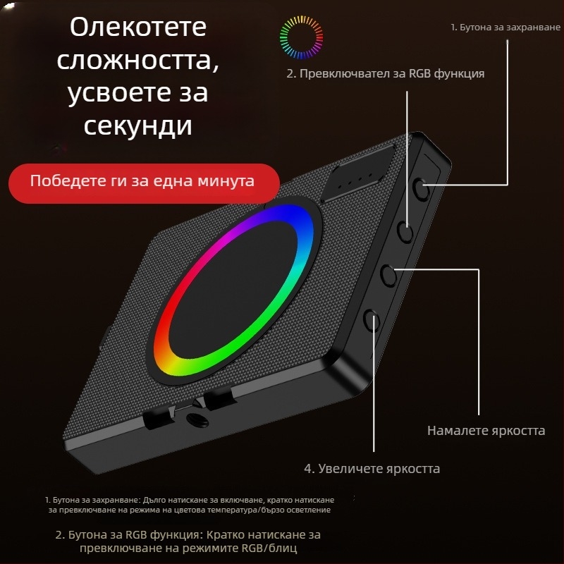 Портативна RGB пълноцветна джобна светлина за фотография и видео — магнитна светлина за запълване, ръчна, с три температури на цвета, модел ZC-F06, 3.7V, под 10W