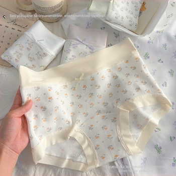 Памучни дамски бикини с средна талия и удължен шев, дишащи, с дизайн панделка, цветни блокове и точки