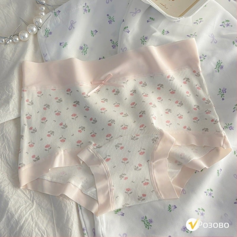 Памучни дамски бикини с средна талия и удължен шев, дишащи, с дизайн панделка, цветни блокове и точки