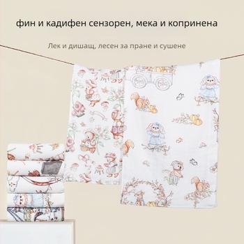Новородено бебешко кърпиче за лице от бамбукова влакна с карикатурен принт, 40‑нитова прежда, 42 g, попивност 0–5 s