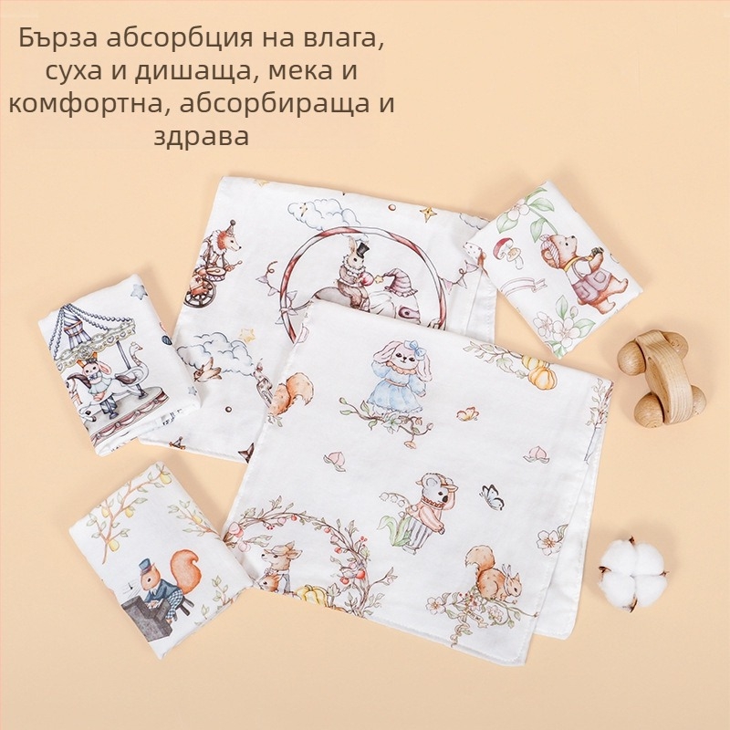 Новородено бебешко кърпиче за лице от бамбукова влакна с карикатурен принт, 40‑нитова прежда, 42 g, попивност 0–5 s