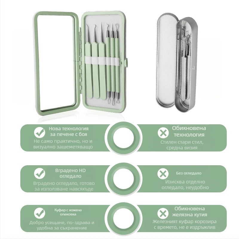 Комплект за лечение на акне, 5 части, неръждаема стомана, с огледало, модел fcztz-03