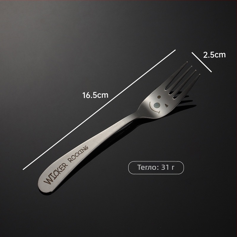 Комплект прибори от 304 неръждаема стомана с лазерен мотив Усмивка и наклонена дръжка – лъжица, палички за хранене и вилица, налично персонализирано лого