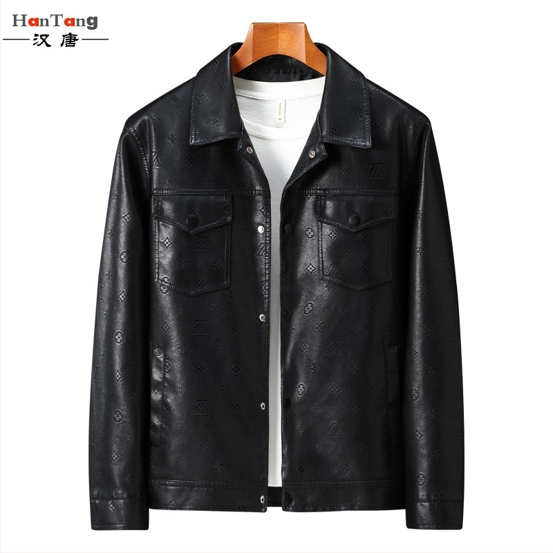 Мъжко PU кожено яке с лацкан, еднобортно закопчаване, ембосирана текстура, джобове с патч-подплънки