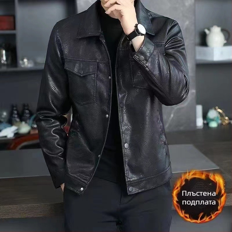 Мъжко PU кожено яке с лацкан, еднобортно закопчаване, ембосирана текстура, джобове с патч-подплънки