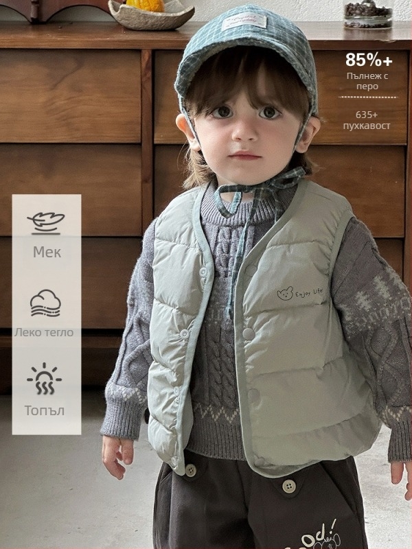 Корейски стил детска пухена жилетка без ръкави, дебелена, за възраст 1–3 години, бял гъши пух 86–90%, карикатурен принт, закопчаване с един ред копчета