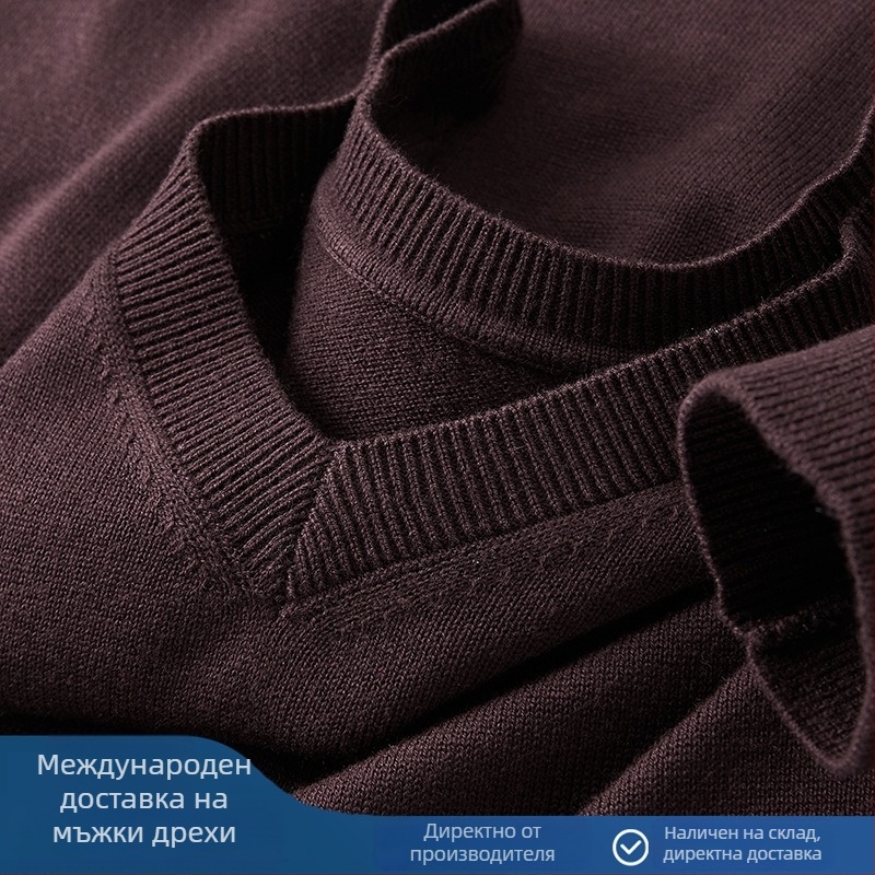 Мъжки вълнен пуловер с V-образно деколте, дълъг ръкав, подплатен с флис, 30–35% вълна, плътно плетиво