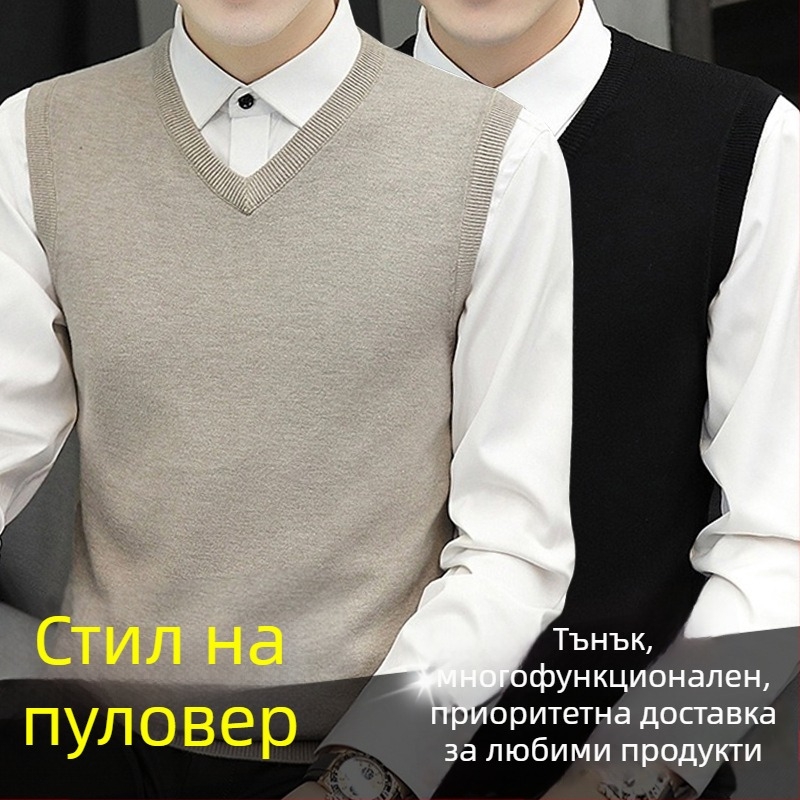 Мъжка безръкавна плетена жилетка с стойкова яка – тясна кройка, рибен кант на долния край, вискоза 95% в смес, подходяща за есен и зима
