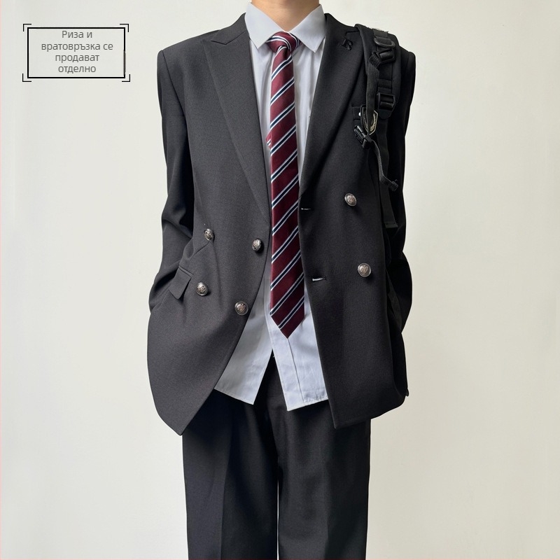 Мъжки спортно-делови двуреден костюм с остри ревери, полиестерна материя и подплата, джобове с триизмерни лепки, пролетно-есенен стил за младежи