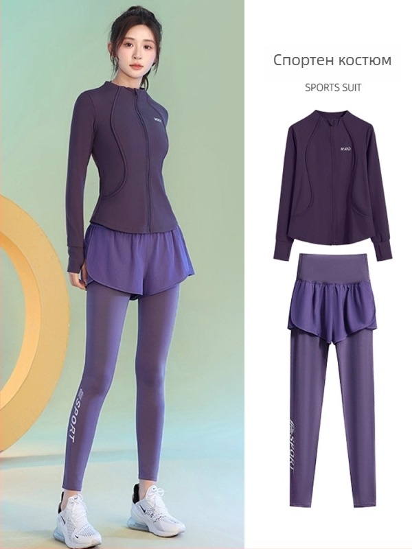 Женски есенен йога комплект - дълъг ръкав, бързосъхнещо облекло за фитнес с дълги панталони, материи: найлон/спандекс/полиестер, есен 2025