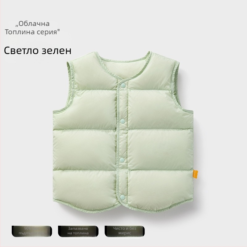 Детски безръкавен елек за зима, пълнеж: 90% бял пух от патица; външен плат и подплата от нейлон; средна дължина, свободен силует; за деца на възраст 1–3 години.