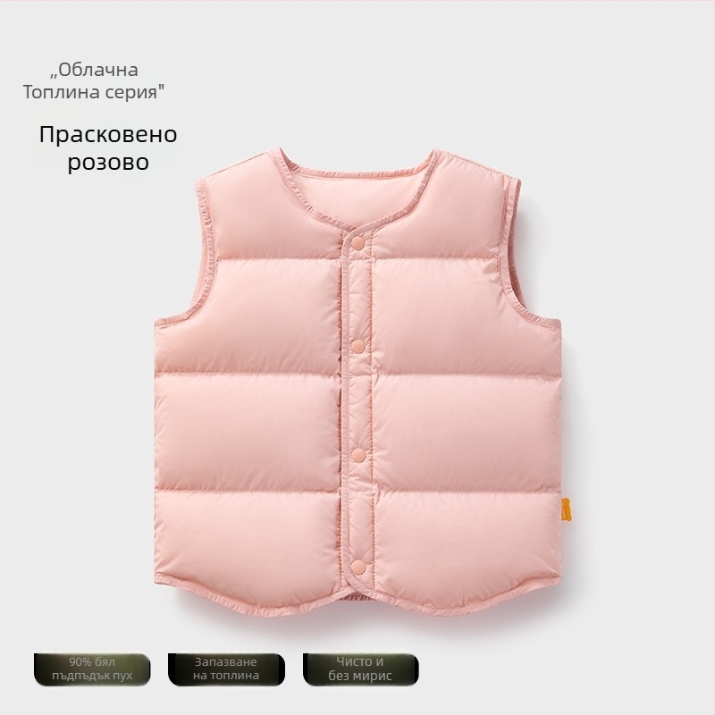 Детски безръкавен елек за зима, пълнеж: 90% бял пух от патица; външен плат и подплата от нейлон; средна дължина, свободен силует; за деца на възраст 1–3 години.